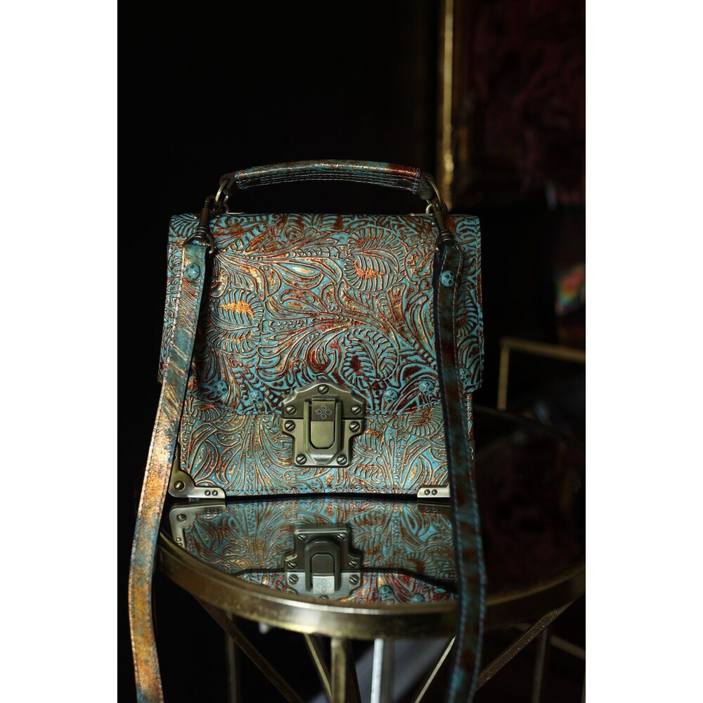 Patricia Nash Turquoise Bronze Iridescent Forest Collection Stella Flap Satchel